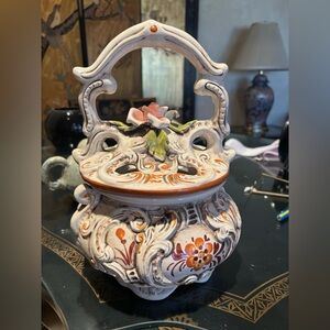 Elegant Floral Ceramic Basket with Handle